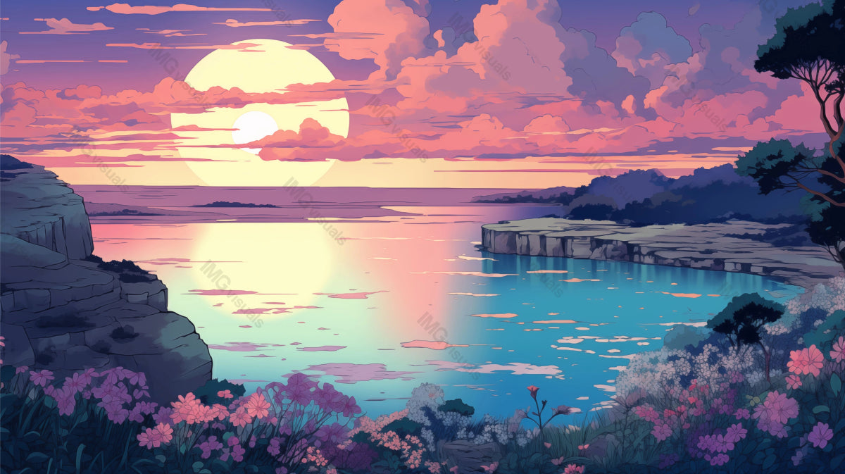 Twilight descends on tranquil cove with pastel sky ai generated 2D cartoon illustration. Calm waters surrounded by lush flora lofi wallpaper background lo-fi art. Waterscape flat image cozy chill vibe