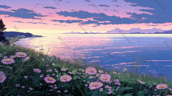 Twilight over serene lake with wild daisies ai generated 2D cartoon illustration. Lakeside blossoms lofi wallpaper background lo-fi art. Tranquil dusk light above mountain range flat image chill vibe