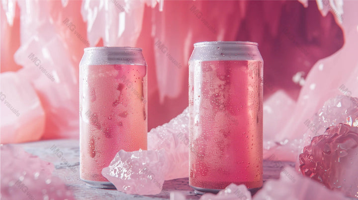 Two aluminum condensation cans mockup sit among pink ice formations, ai generated. Hydration scene. Canned drink template advertising image. Carbonated beverages mock up products photorealistic