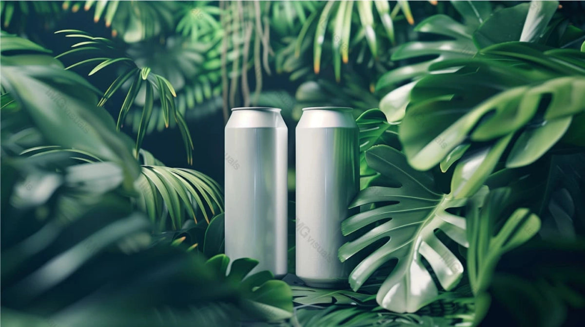 Two blank aluminum cans mockup surrounded by lush green tropical foliage, ai generated. Eco-friendly packaging. Canned drink template advertising image. Carbonated beverages mock up photorealistic