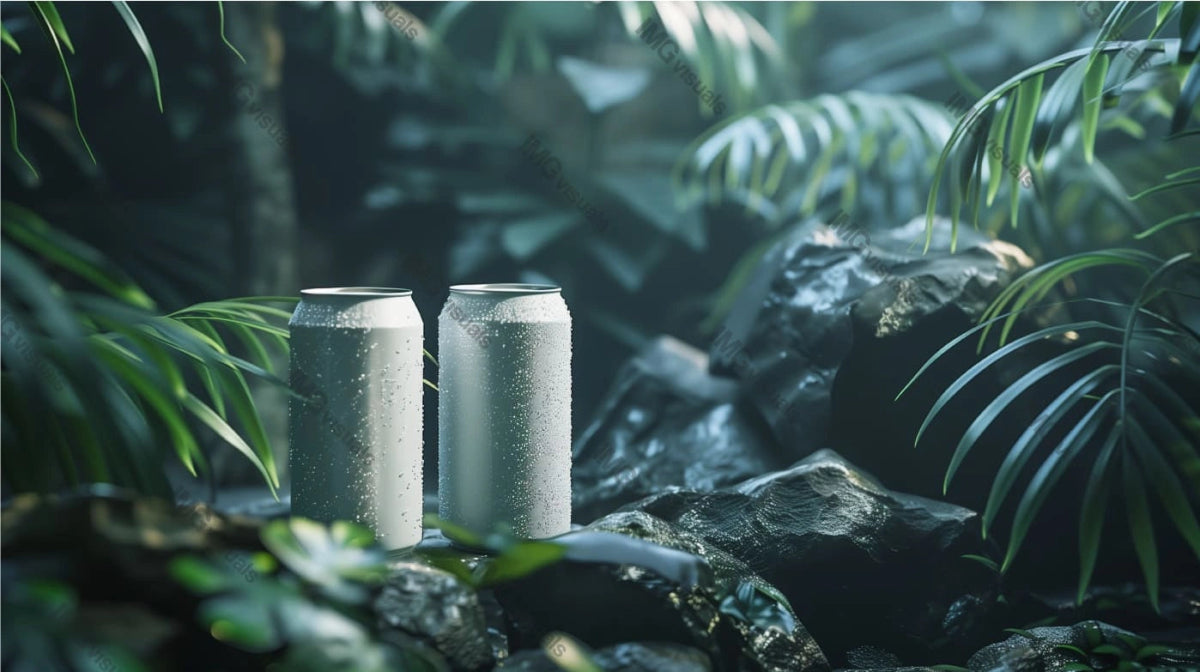 Two blank cans mockup with condensation among wet rocks and tropical foliage, ai generated. Freshness, natural hydration. Canned drink template advertising image. Carbonated beverages mock up products