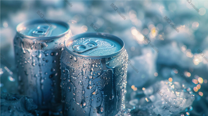 Two blue aluminum cans mockup with condensation droplets among ice, ai generated. Cold and refreshing canned drink template advertising image. Carbonated beverages mock up products photorealistic
