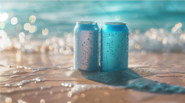 Two blue condensation cans mockup stand on wet sand at beach, ai generated. Sunlight reflecting off ocean waves. Canned drink template advertising image. Carbonated beverages mock up photorealistic