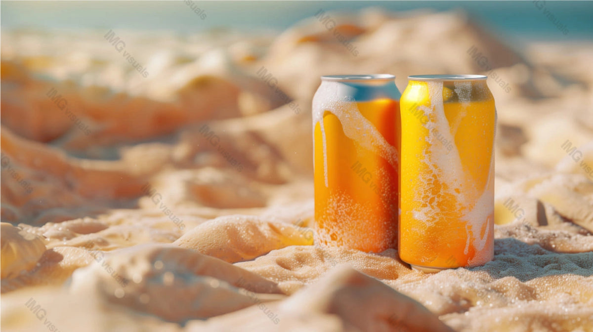 Two bright orange aluminum cans mockup stand on sandy dunes, ai generated. Blurred beach background. Canned drink template advertising image. Carbonated beverages mock up products photorealistic
