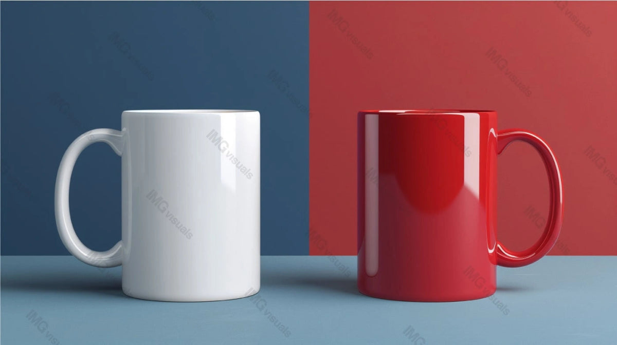 Two ceramic mugs mockup against split blue and red background, ai generated. Tea cups template advertising image. Simplicity and boldness. White and red coffeecups mock up products photorealistic