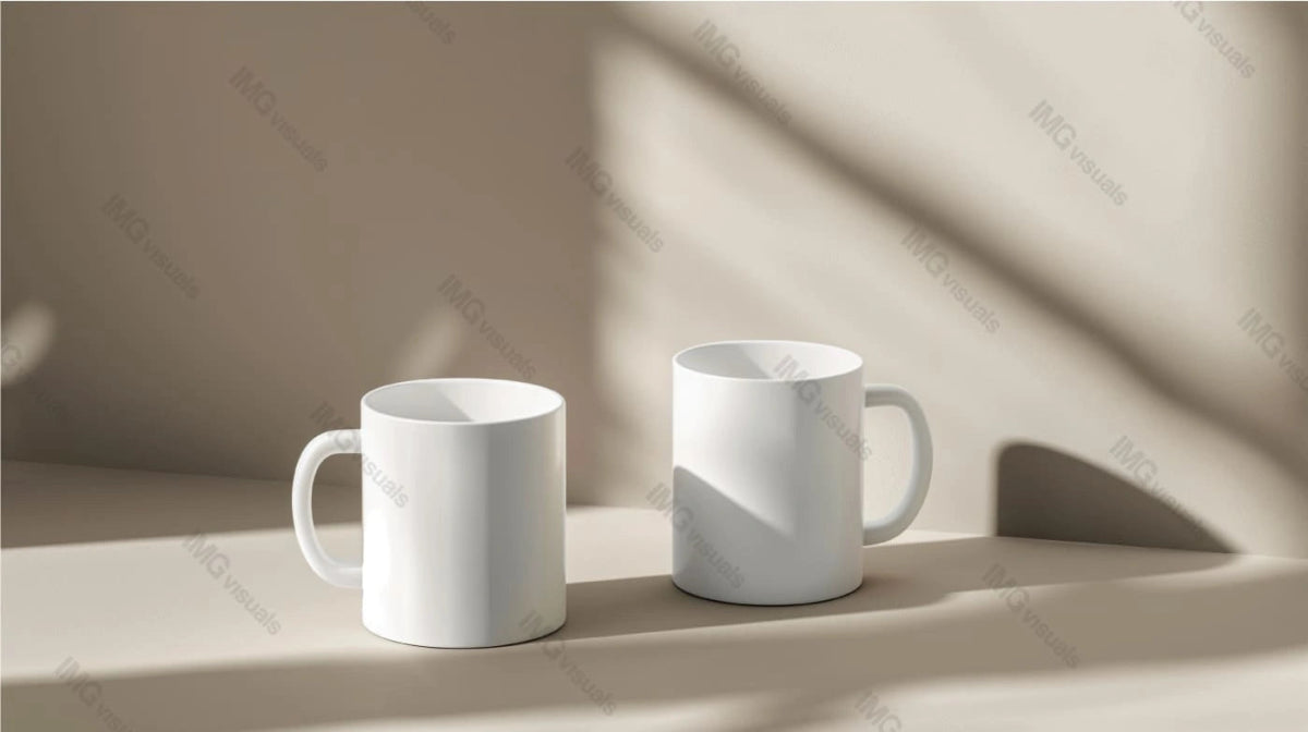 Two ceramic mugs mockup on light beige background with soft shadows, ai generated. Tea cups template advertising image. Clean and minimalistic design. Coffeecups mock up products photorealistic