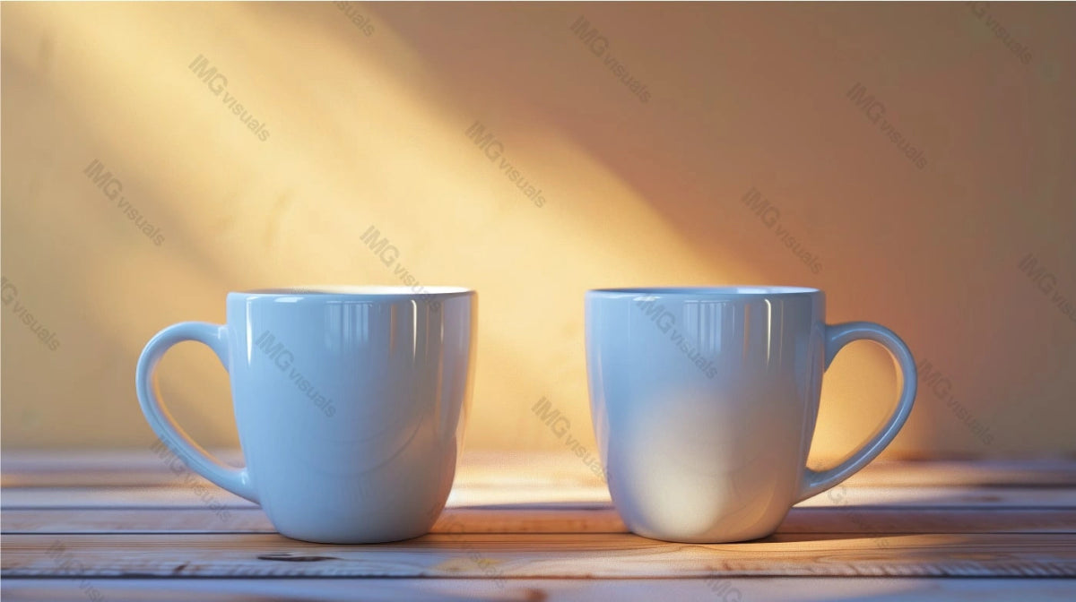 Two ceramic mugs mockup with rounded shape on wooden surface, ai generated. Warm sunlight casting soft shadows. Tea cups template advertising image. Coffeecups mock up products photorealistic