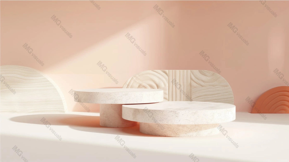 Two circular pedestal platforms mockup in soft peach and beige setting, ai generated. Abstract shapes, natural light showcase background. Harmonious and stylish presentation product display design