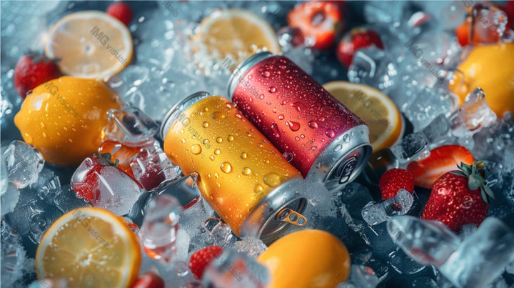 Two condensation cans mockup by ice cubes, strawberries, citrus fruits, ai generated. Colorful refreshing canned drink template advertising image. Carbonated beverages mock up products photorealistic