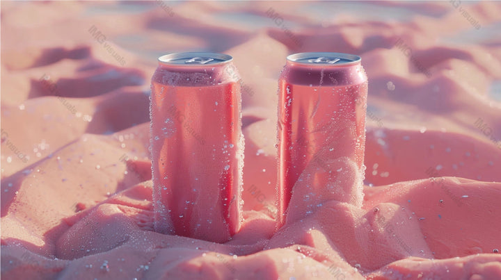 Two condensation cans mockup nestled in soft undulating pink sand, ai generated. Highlighted by gentle sunlight canned drink template advertising image. Carbonated beverages mock up products realistic