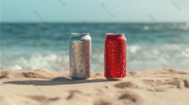 Two condensation cans mockup on sandy beach with ocean waves, ai generated. Refreshing seaside vibe. Canned drink template advertising image. Carbonated beverages mock up products photorealistic