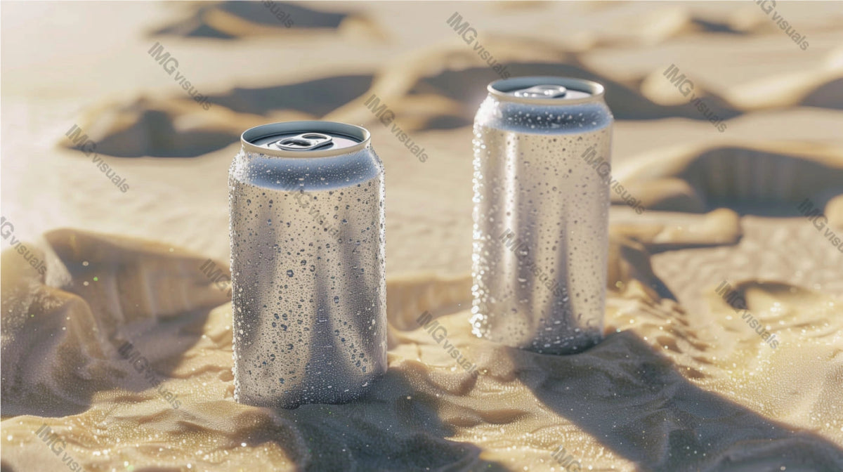 Two condensation cans mockup stand on shiny sand dunes, ai generated. Illuminated by soft sunlight canned drink template advertising image. Carbonated beverages mock up products photorealistic