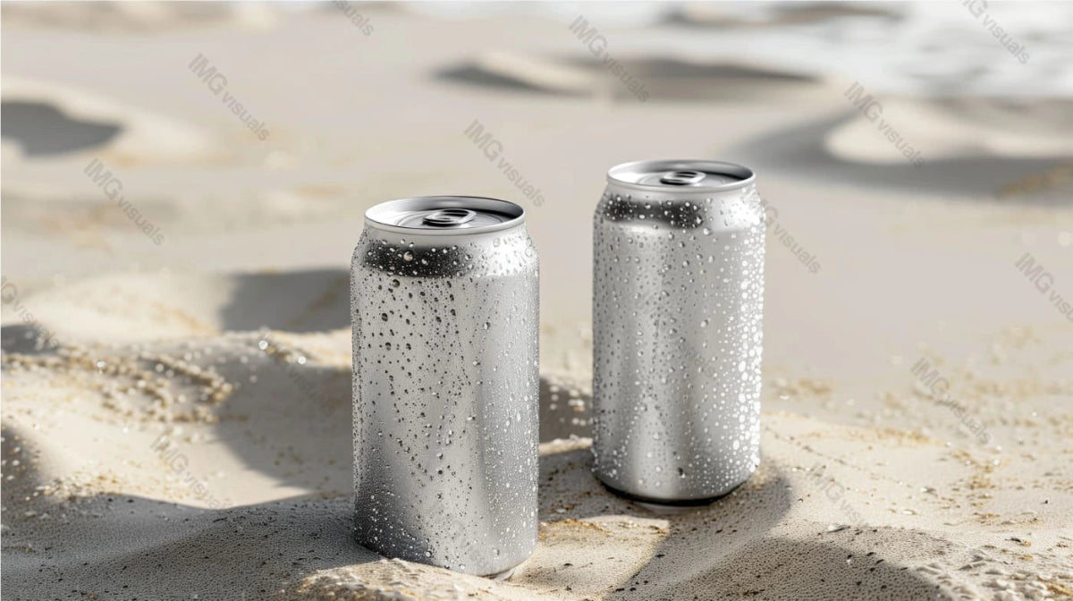 Two condensation cans mockup stand on sunlit sand, casting shadows, ai generated. Cold beverages on warm day. Canned drink template advertising image. Carbonated mock up products photorealistic