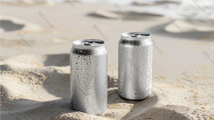 Two condensation cans mockup stand on sunlit sand, casting shadows, ai generated. Cold beverages on warm day. Canned drink template advertising image. Carbonated mock up products photorealistic