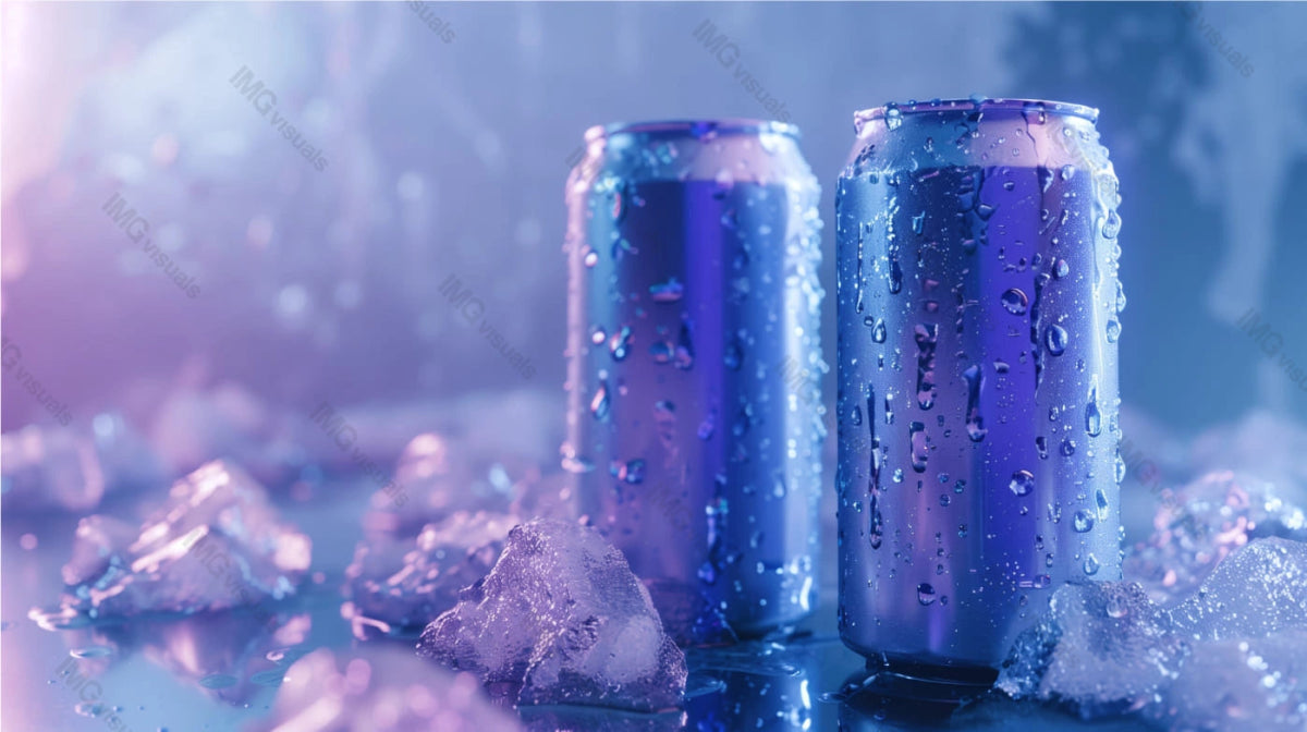 Two condensation cans mockup with melting ice in soft purple blue lighting, ai generated. Cool refreshing atmosphere. Canned drink template advertising image. Carbonated beverages mock up realistic