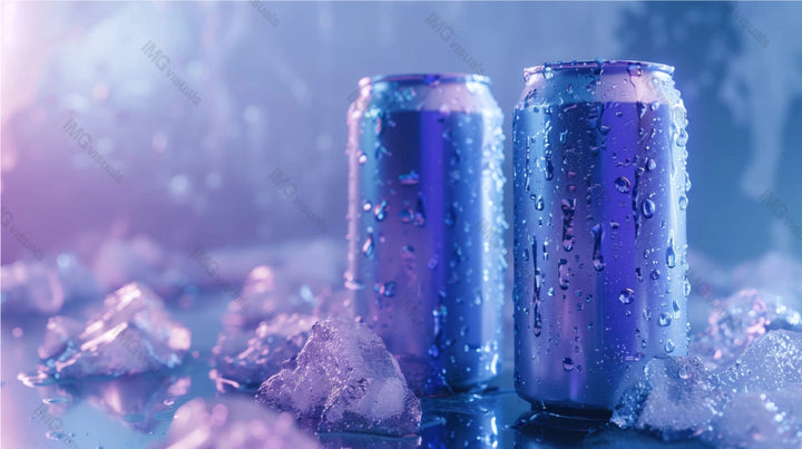 Two condensation cans mockup with melting ice in soft purple blue lighting, ai generated. Cool refreshing atmosphere. Canned drink template advertising image. Carbonated beverages mock up realistic