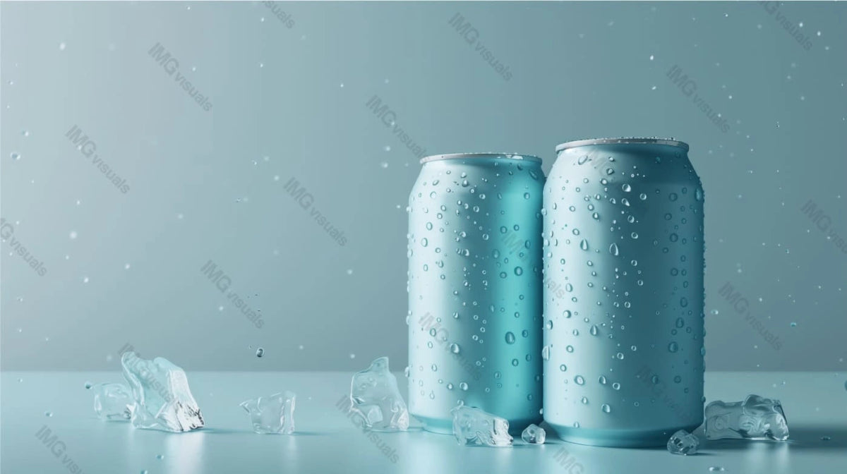 Two light blue aluminum cans mockup with water drops and ice pieces, ai generated. Cool beverage season. Canned drink template advertising image. Carbonated beverages mock up products photorealistic
