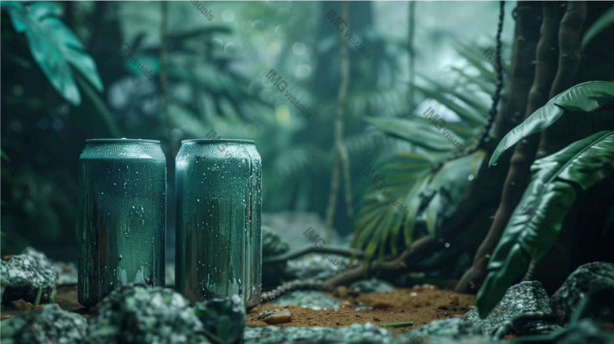 Two metallic condensation cans mockup on rocky damp jungle ground, ai generated. Refreshing and cooling. Canned drink template advertising image. Carbonated beverages mock up products photorealistic