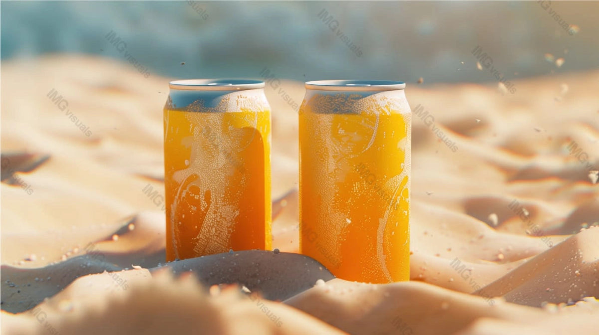 Two orange aluminum cans mockup stand on sunlit sandy beach, ai generated. Refreshing and summery canned drink template advertising image. Carbonated beverages mock up products photorealistic