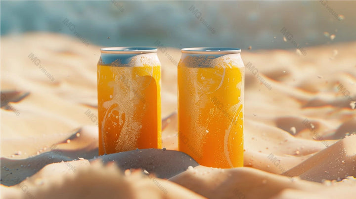 Two orange aluminum cans mockup stand on sunlit sandy beach, ai generated. Refreshing and summery canned drink template advertising image. Carbonated beverages mock up products photorealistic