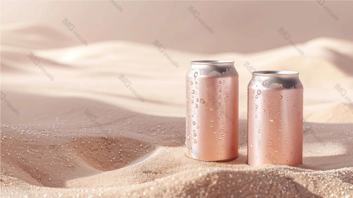 Two peach colored aluminum cans mockup with condensation on sand dunes, ai generated. Serene desert refreshment. Canned drink template advertising image. Carbonated beverages mock up photorealistic