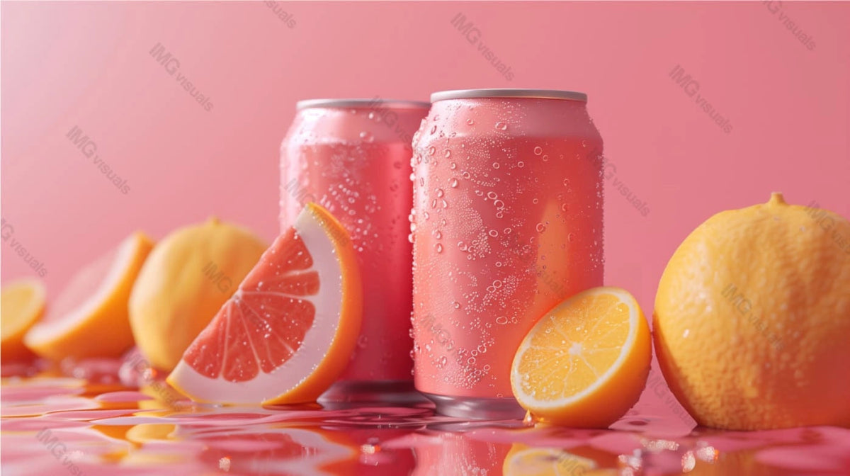 Two pink condensation cans mockup by fresh grapefruit, lemon slices, ai generated. Canned drink template advertising image. Visually appealing, refreshing carbonated beverages mock up photorealistic