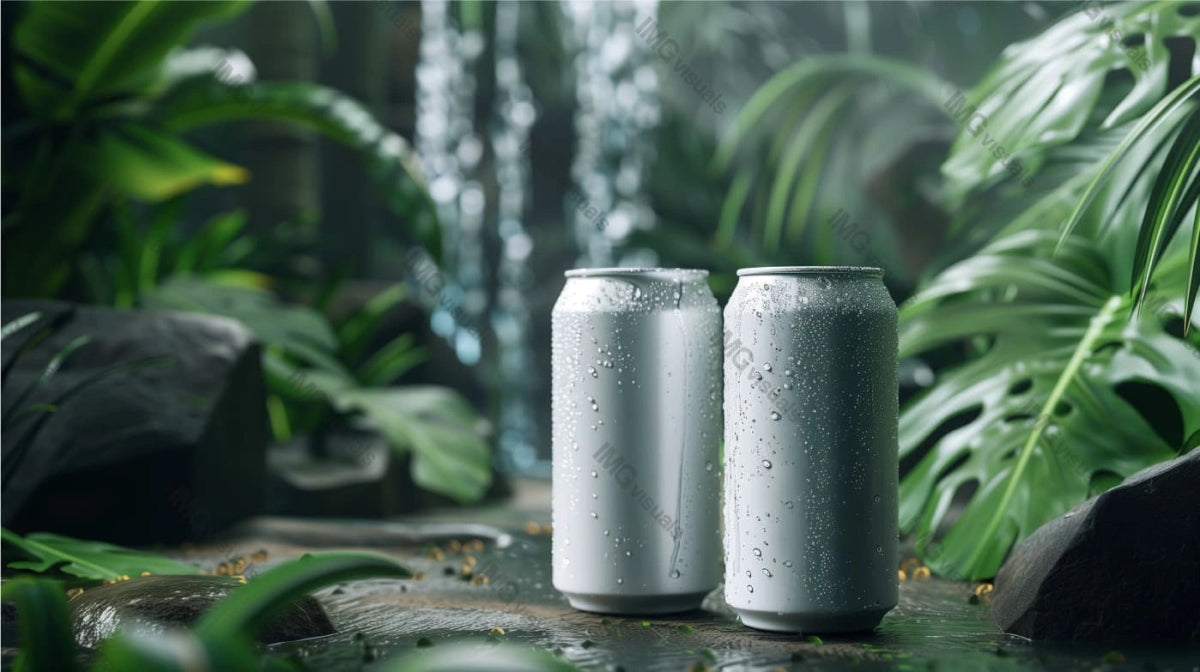 Two plain aluminum cans mockup with condensation in front of jungle waterfall, ai generated. Fresh and natural canned drink template advertising image. Carbonated beverages mock up photorealistic