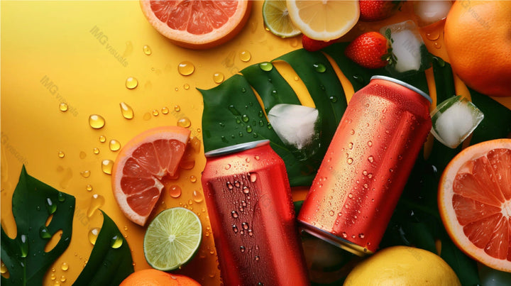 Two red aluminum cans mockup lie on vibrant yellow with citrus fruits, ai generated. Ice cubes, tropical leaves. Canned drink template advertising image. Carbonated beverages mock up photorealistic