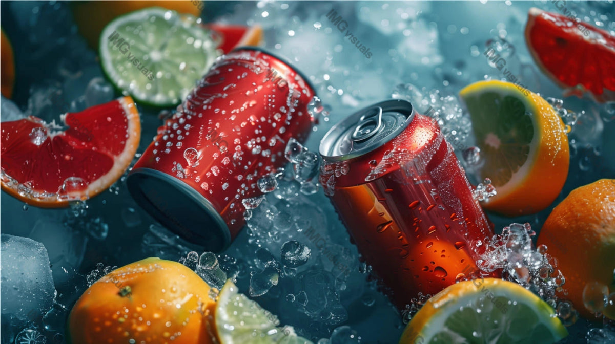 Two red aluminum cans mockup submerged in ice fresh citrus fruits, ai generated. Canned drink template advertising image. Refreshing and vibrant carbonated beverages mock up products photorealistic