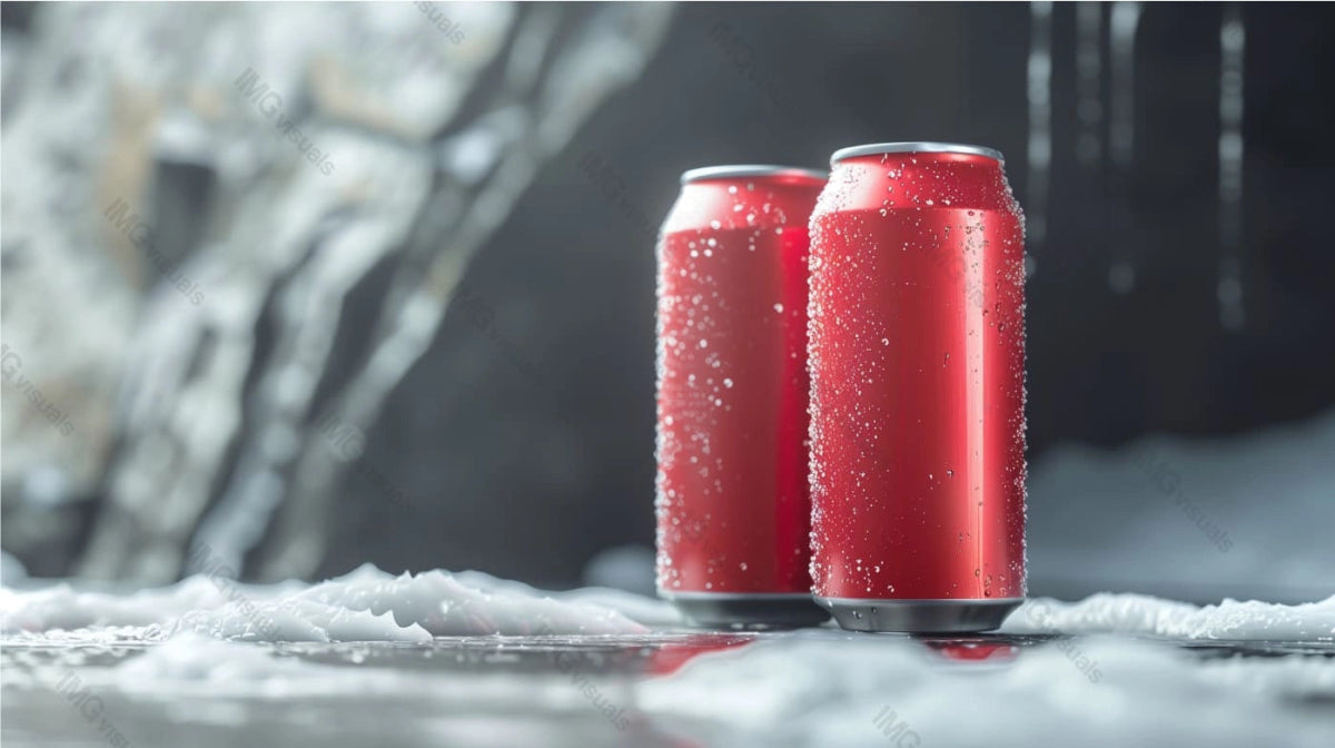 Two red aluminum cans mockup with condensation among melting ice, ai generated. Refreshing and chilling nature. Canned drink template advertising image. Carbonated beverages mock up photorealistic