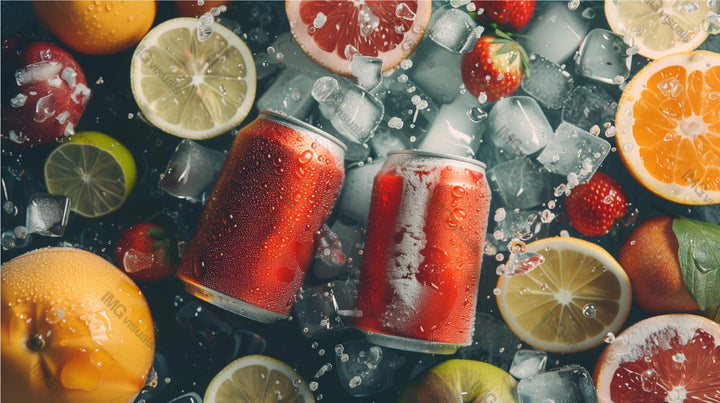 Two red cans mockup surrounded by ice cubes, strawberries, citrus fruits, ai generated. Refreshing beverage composition. Canned drink template advertising image. Carbonated mock up photorealistic