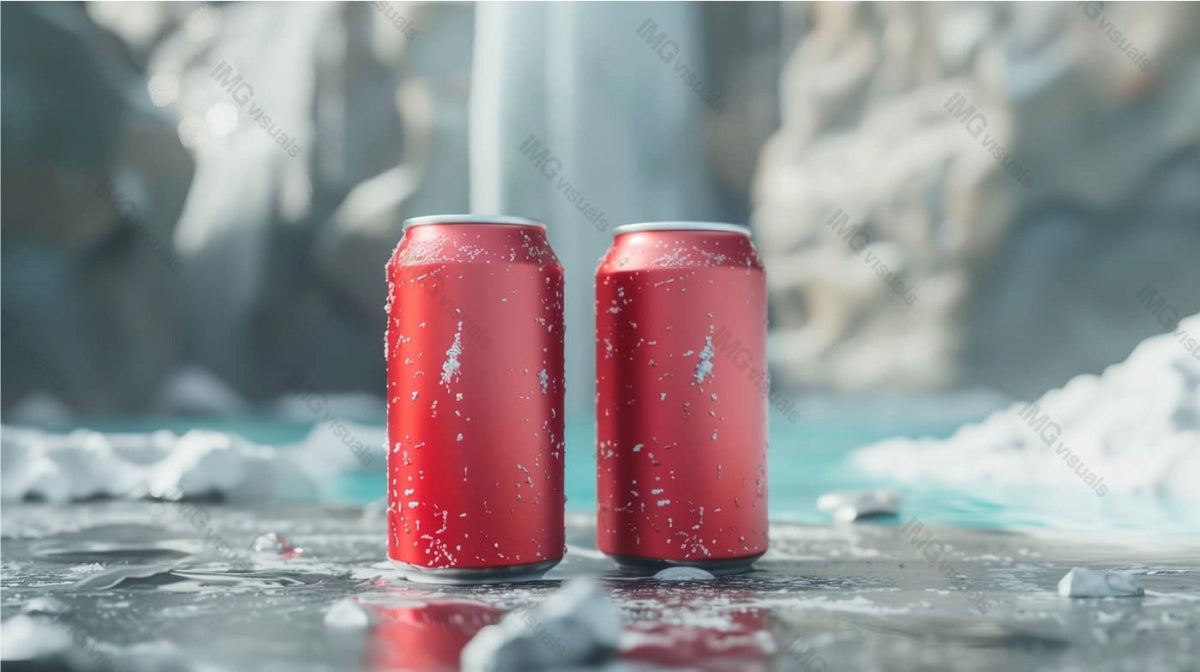 Two red condensation cans mockup on icy surface, ai generated. Glistening ice and cold. Canned drink template advertising image. Refreshing carbonated beverages mock up products photorealistic