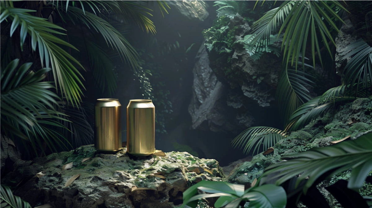 Two shiny golden cans mockup amidst dense green jungle setting, ai generated. Luxury and exoticism. Canned drink template advertising image. Carbonated beverages mock up products photorealistic