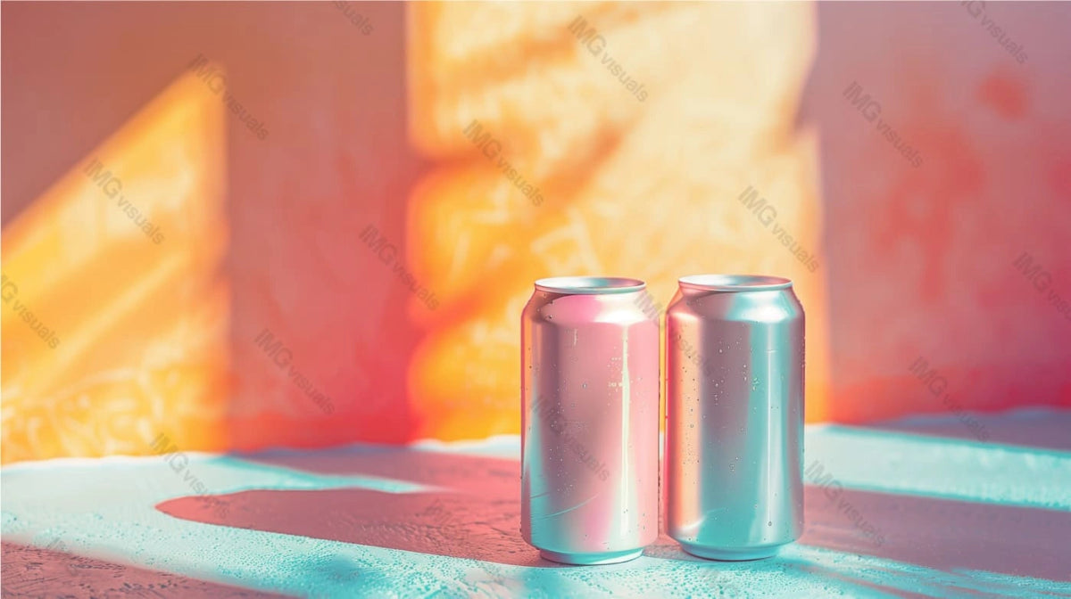 Two silver aluminum cans mockup illuminated by soft pastel sunlight, ai generated. Warm pink orange hues. Canned drink template advertising image. Carbonated beverages mock up products photorealistic