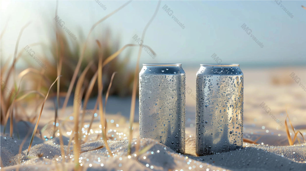 Two silver condensation cans mockup among beach grass on sandy shore, ai generated. Refreshing, natural summer canned drink template advertising image. Carbonated beverages mock up products realistic