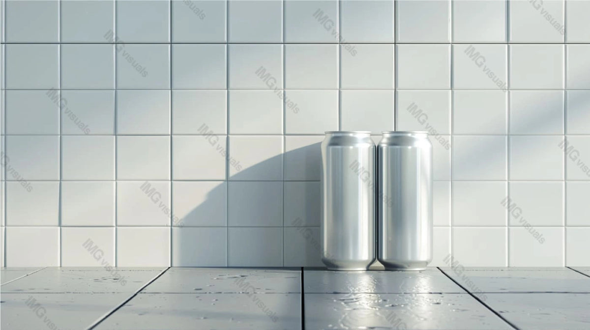 Two sleek silver aluminum cans mockup against white tiled wall, ai generated. Minimalistic modern visual. Canned drink template advertising image. Carbonated beverages mock up products photorealistic