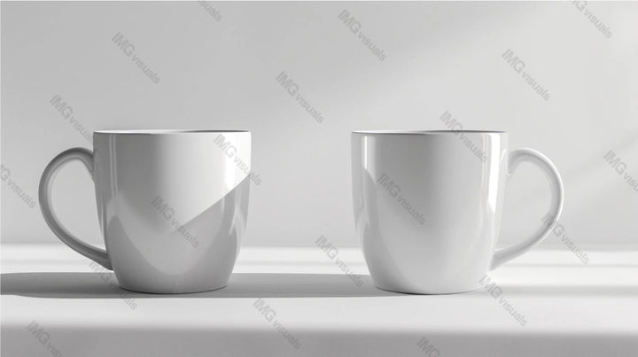 Two sleek white mugs mockup with classic rounded design, ai generated. Tea cups template advertising image. Simplicity, minimalist white background. Coffeecups mock up products photorealistic