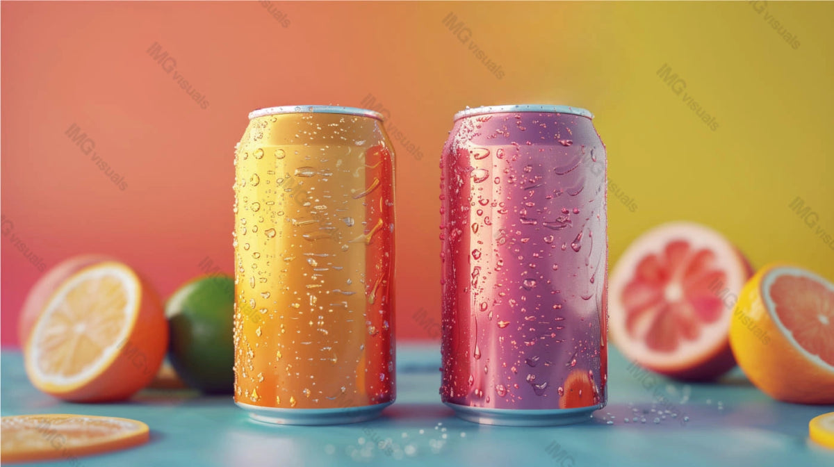 Two vibrant aluminum cans mockup covered in condensation droplets, ai generated. Fresh citrus fruits, canned drink template advertising image. Carbonated beverages mock up products photorealistic