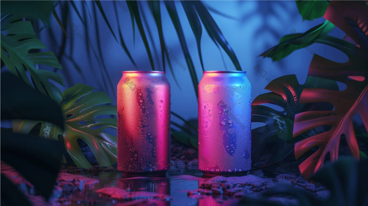 Two water droplets cans mockup in neon light amid lush green leaves, ai generated. Vibrant and tropical ambiance. Canned drink template advertising image. Carbonated beverages mock up products