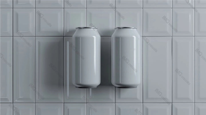 Two white aluminum cans mockup against glossy white tiled background, ai generated. Clean and minimalistic visual. Canned drink template advertising image. Carbonated beverages mock up photorealistic
