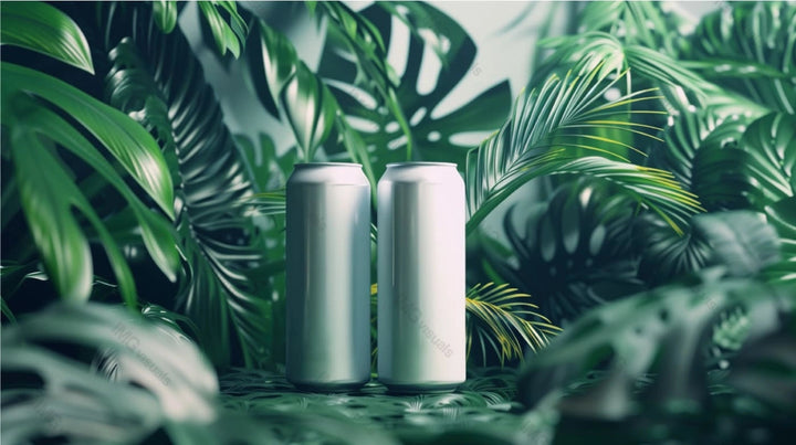 Two white aluminum cans mockup amidst dense vibrant green tropical foliage, ai generated. Lush natural background. Canned drink template advertising image. Carbonated beverages mock up products