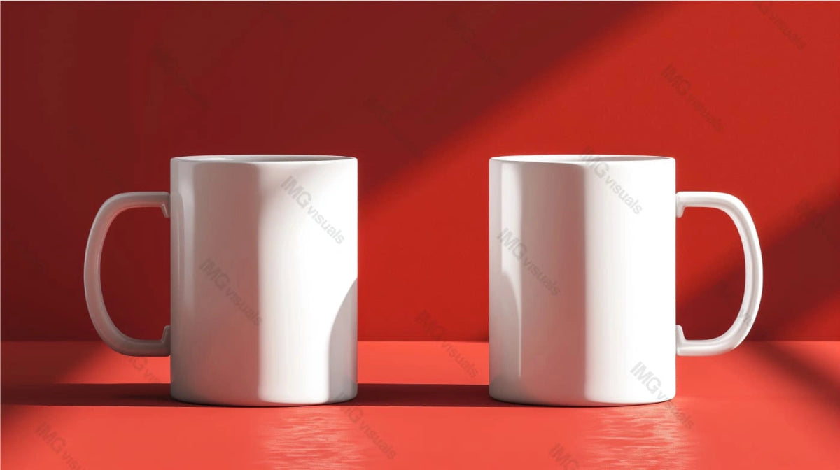 Two white ceramic mugs mockup against bold red backdrop with striking shadows, ai generated. Tea cups template advertising image. Simple stylish drinkware. Coffeecups mock up products photorealistic