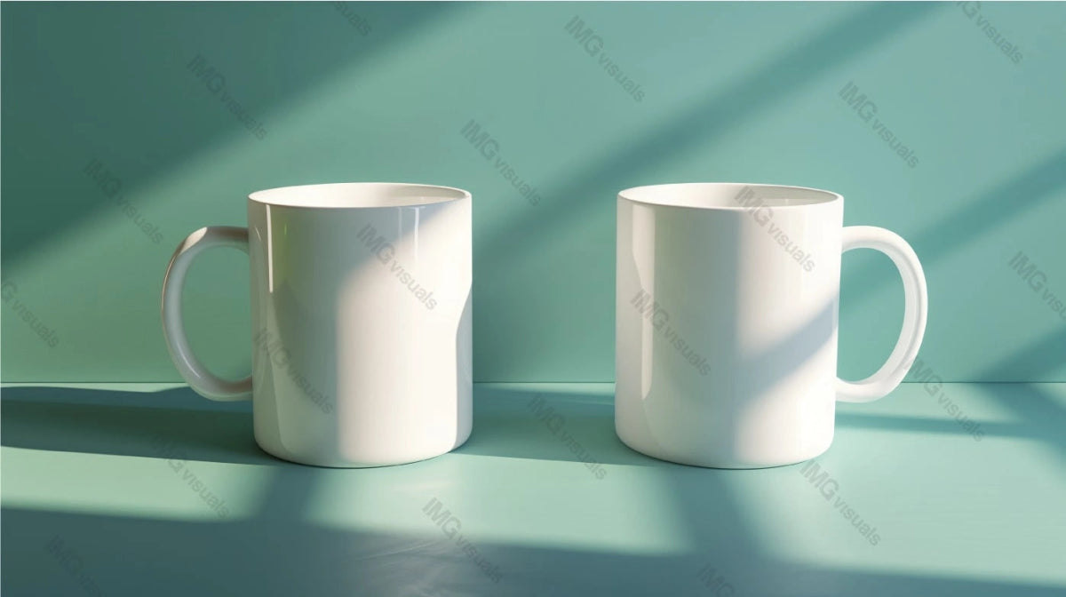 Two white ceramic mugs mockup against mint background with shadows, ai generated. Modern, cylindrical design. Tea cups template advertising image. Coffeecups mock up products photorealistic