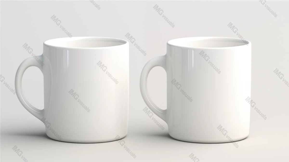 Two white ceramic mugs mockup with classic design, ai generated. Positioned side by side tea cups template advertising image. Minimalist composition. Coffeecups mock up products photorealistic