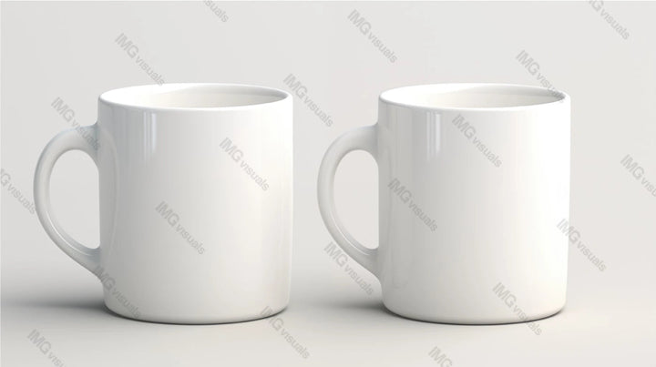 Two white ceramic mugs mockup with classic design, ai generated. Positioned side by side tea cups template advertising image. Minimalist composition. Coffeecups mock up products photorealistic