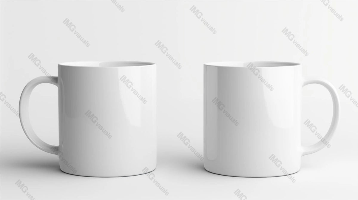 Two white ceramic mugs mockup with straight cylindrical shape, ai generated. Tea cups template advertising image. For branding, promotional purposes. Coffeecups mock up products photorealistic