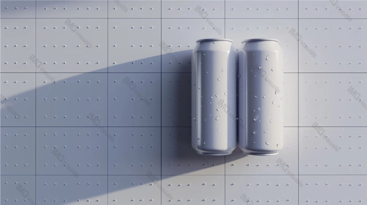 Two white condensation cans mockup on textured tiled surface, ai generated. Casting long shadow canned drink template advertising image. Carbonated beverages mock up products photorealistic