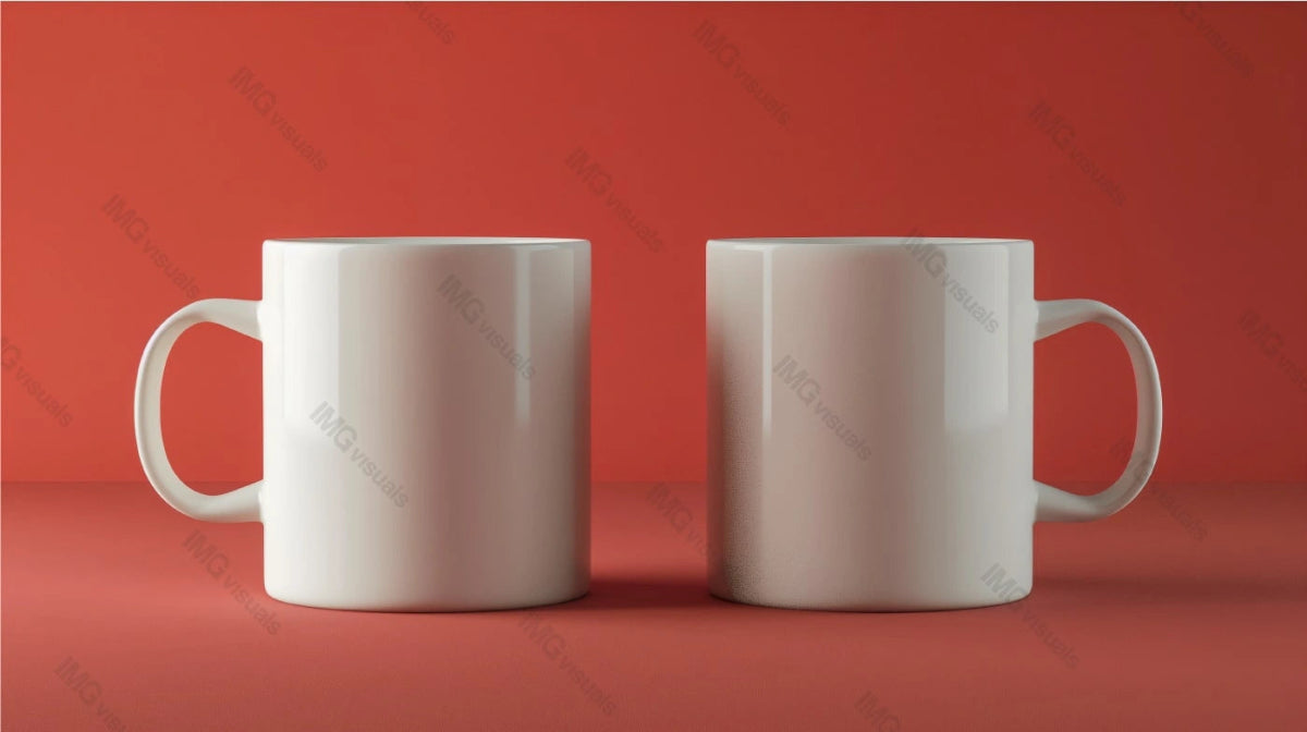 Two white cylindrical mugs mockup side by side against solid red background, ai generated. Tea cups template advertising image. Simple and modern design. Coffeecups mock up products photorealistic