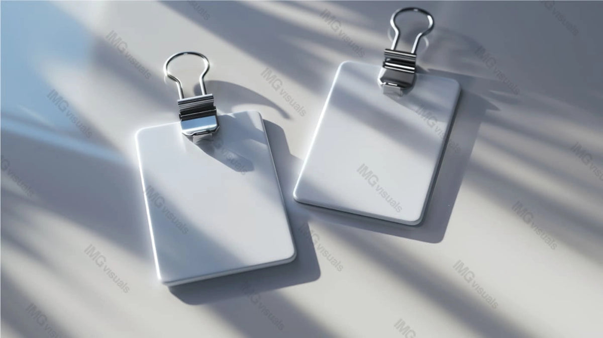 Two white id cards mockup with metal clips lie on smooth surface, ai generated. Dramatic shadows. Clean, modern design template advertising image. Workplace tools mock up product photorealistic