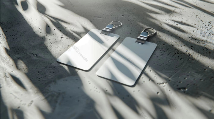 Two white id cards mockup with metal clips on textured surface in soft shadows, ai generated. Minimalistic template advertising image. Office identification accessory mock up product photorealistic